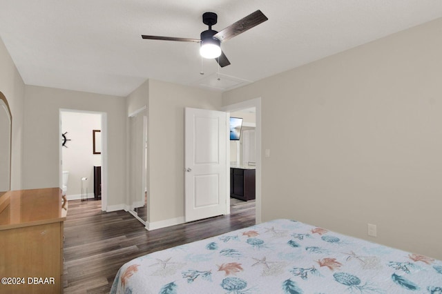 bedroom with ceiling fan and dark wood-type flooring