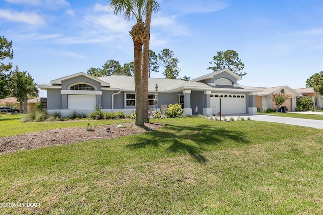 ranch-style house with a front yard and a garage