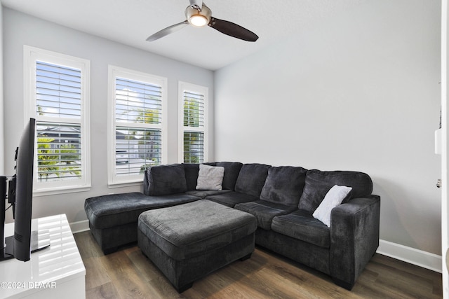 living room with ceiling fan, plenty of natural light, and dark hardwood / wood-style flooring