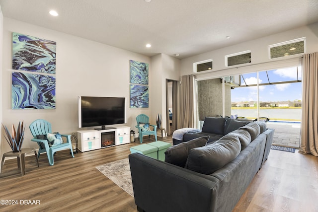 living room featuring wood-type flooring and a textured ceiling