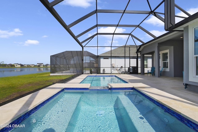 view of pool featuring a water view, glass enclosure, a patio, and an in ground hot tub