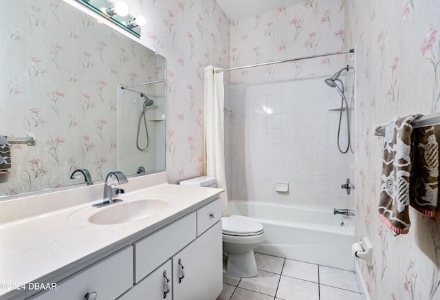 full bathroom with shower / bath combo, tile patterned flooring, vanity, and toilet