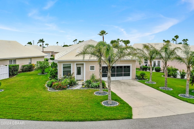 ranch-style house with a garage and a front yard