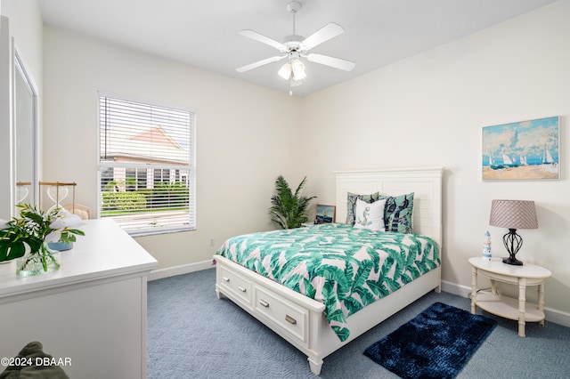 bedroom with light colored carpet and ceiling fan