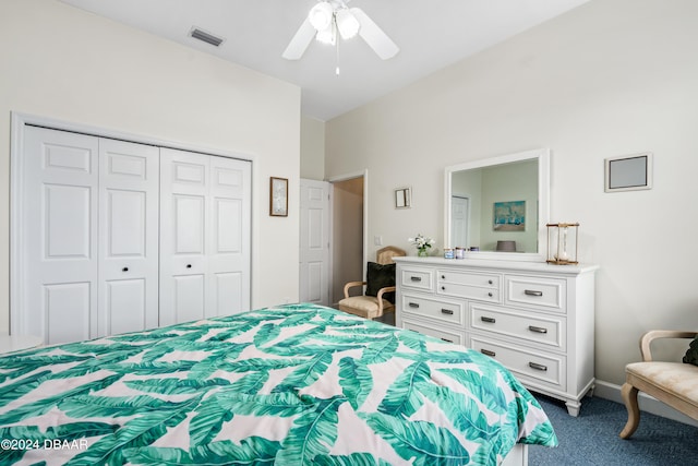 bedroom with a closet, carpet, and ceiling fan