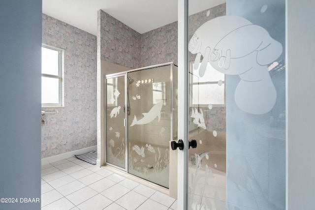 151 Key Colony Ct, Daytona Beach, FL 32118 - bathroom with tile patterned flooring, a shower stall, baseboards, and wallpapered walls