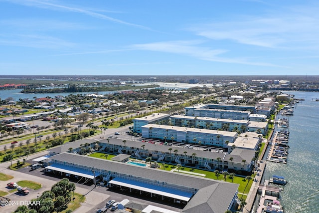 bird's eye view with a water view