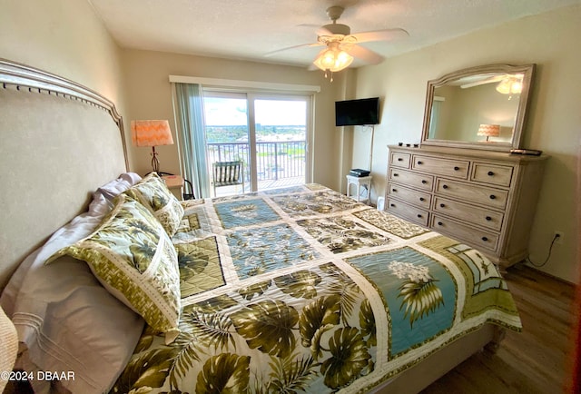 bedroom featuring wood-type flooring, ceiling fan, a textured ceiling, and access to outside