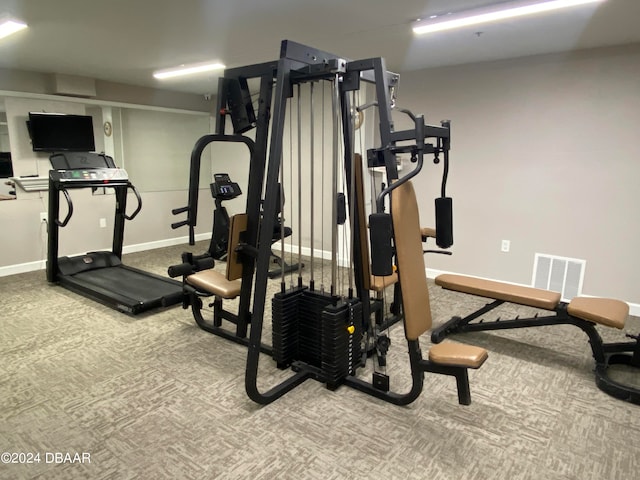 workout room featuring light carpet