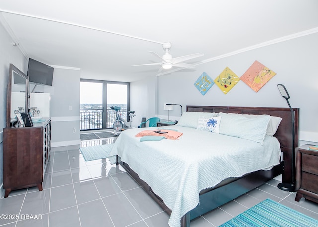 tiled bedroom featuring access to exterior, ceiling fan, floor to ceiling windows, and crown molding