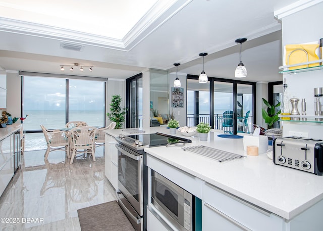 kitchen with appliances with stainless steel finishes, hanging light fixtures, a water view, floor to ceiling windows, and white cabinetry