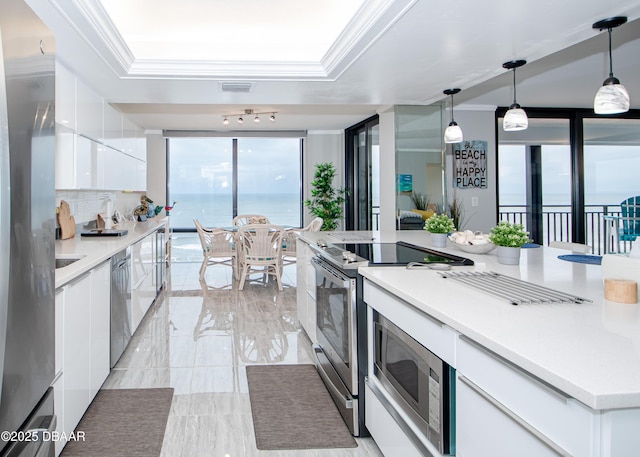 kitchen featuring hanging light fixtures, stainless steel appliances, a water view, crown molding, and white cabinets