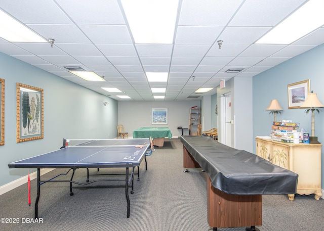 game room featuring pool table, a drop ceiling, and carpet flooring