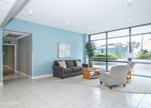 tiled living room with expansive windows