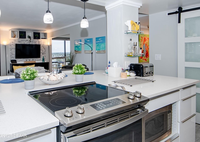 kitchen with a barn door, stainless steel appliances, crown molding, pendant lighting, and white cabinetry