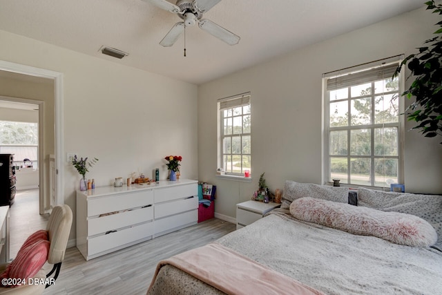 bedroom featuring ceiling fan and light hardwood / wood-style floors