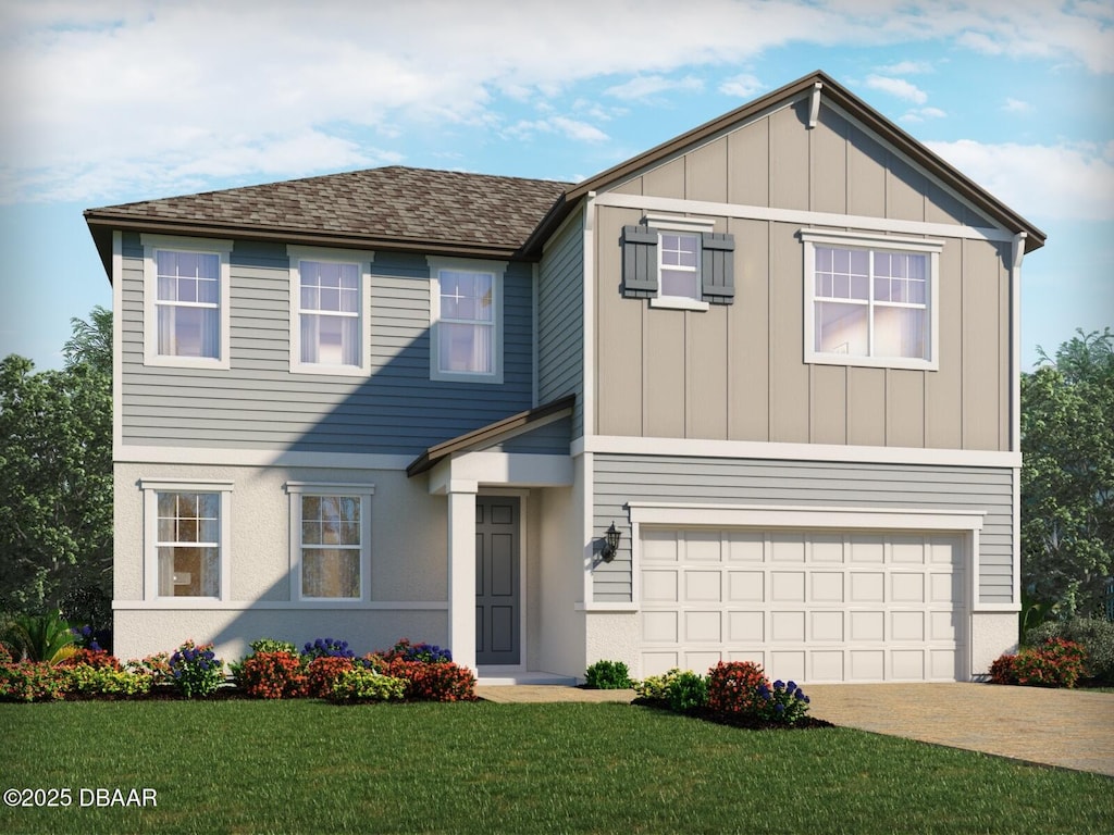 view of front facade with an attached garage, driveway, roof with shingles, board and batten siding, and a front yard