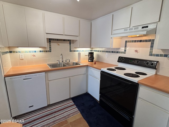 5500 Ocean Shore Blvd Unit 18, Ormond Beach, FL 32176 - kitchen with under cabinet range hood, range with electric cooktop, decorative backsplash, dishwasher, and a sink