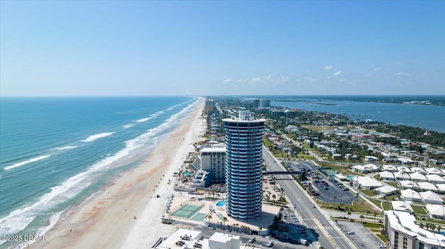 aerial view featuring a view of the beach and a water view