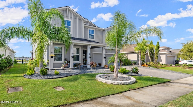 view of front of home with a front lawn, a garage, and a porch