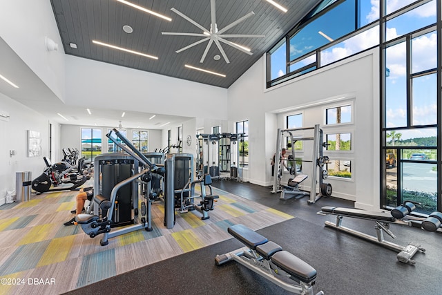 gym with wooden ceiling and a towering ceiling