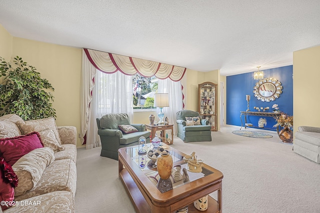 carpeted living room with a chandelier and a textured ceiling