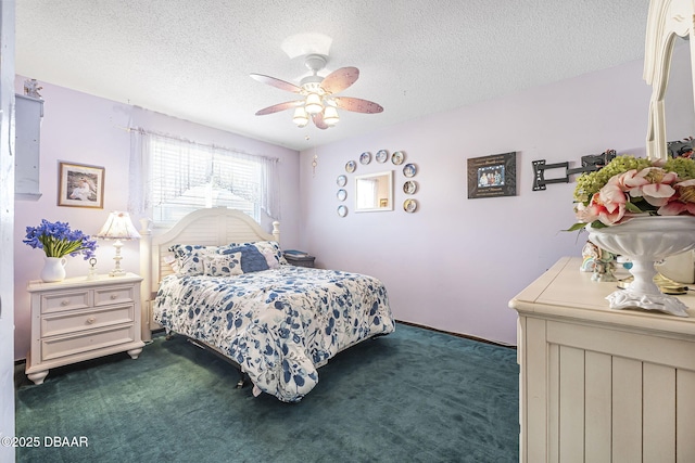 bedroom with ceiling fan, a textured ceiling, and dark carpet