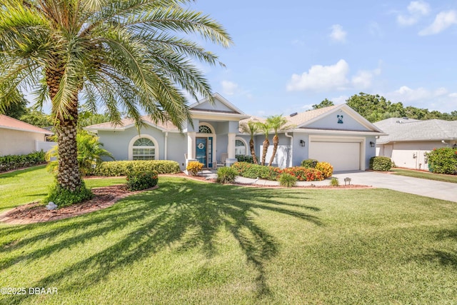 406 Phillips Creek Ln, New Smyrna Beach, FL 32168 - view of front of house with stucco siding, driveway, an attached garage, and a front lawn
