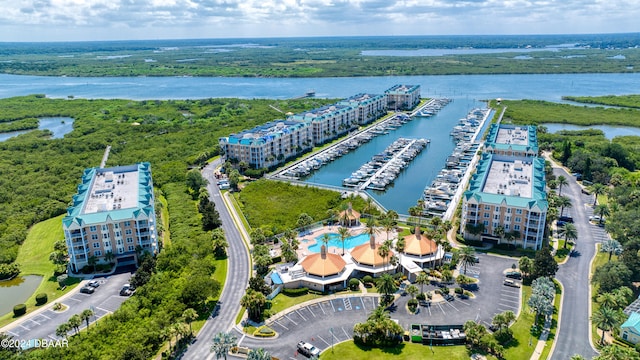 aerial view featuring a water view