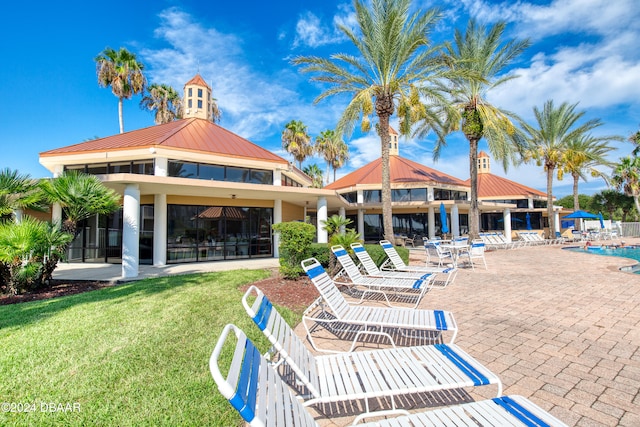 view of swimming pool with a patio area and a lawn