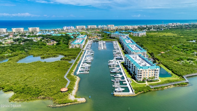 bird's eye view with a water view