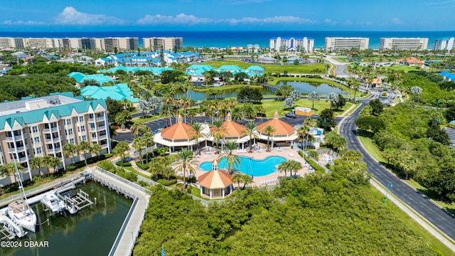 birds eye view of property featuring a water view