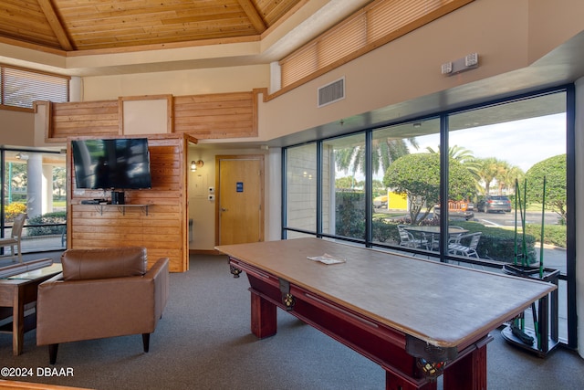 game room featuring carpet flooring, high vaulted ceiling, and wood ceiling