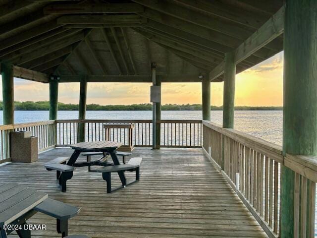 dock area featuring a gazebo and a water view