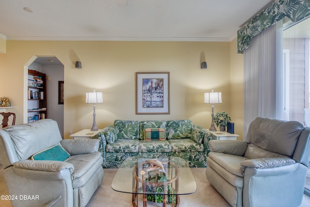 living room with light carpet and crown molding