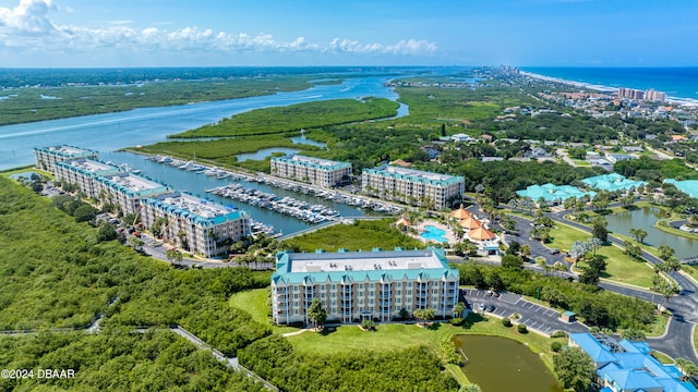 bird's eye view with a water view