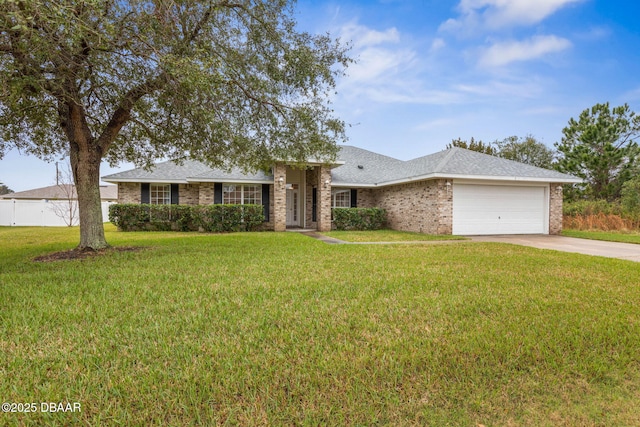 single story home with brick siding, a front lawn, concrete driveway, roof with shingles, and a garage