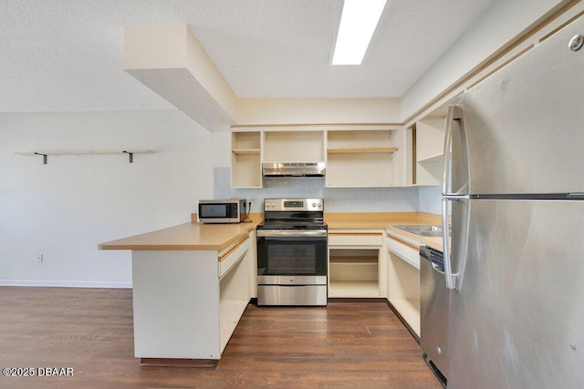 kitchen with dark wood finished floors, open shelves, stainless steel appliances, a peninsula, and under cabinet range hood