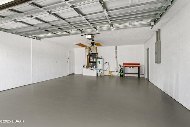 garage with electric panel and water heater