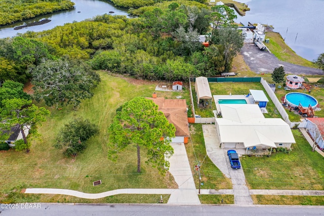 drone / aerial view featuring a water view