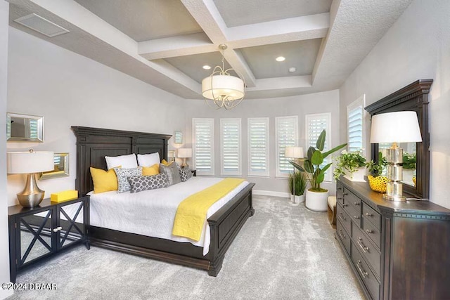 carpeted bedroom featuring beamed ceiling and coffered ceiling