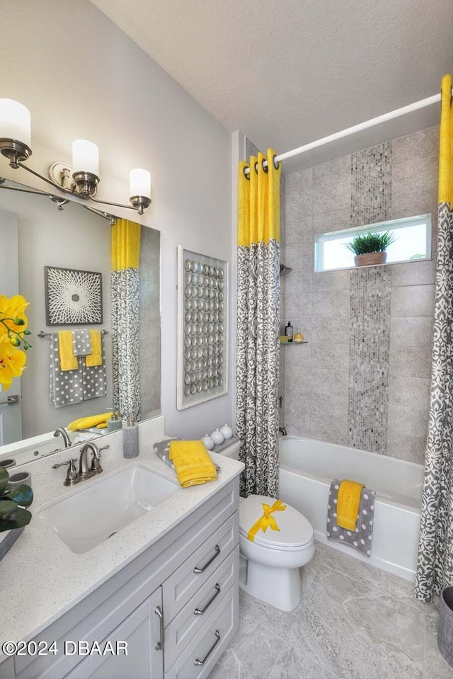 full bathroom featuring vanity, shower / tub combo, a textured ceiling, and toilet