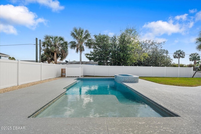 view of swimming pool featuring a patio area, a fenced backyard, and a pool with connected hot tub