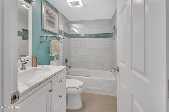 full bath featuring tile patterned floors, visible vents, toilet, tub / shower combination, and vanity