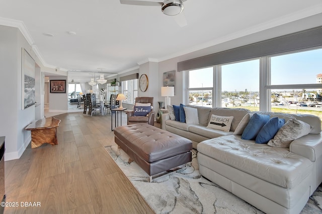 living area with wood finished floors, a wealth of natural light, and ornamental molding