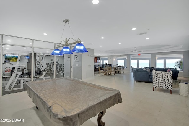 playroom with billiards, recessed lighting, visible vents, and ceiling fan