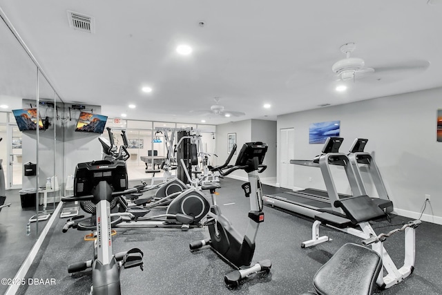 gym featuring visible vents, recessed lighting, baseboards, and a ceiling fan