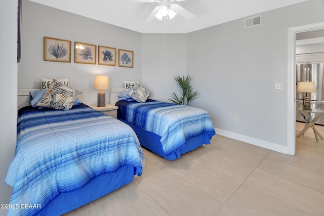 bedroom featuring stainless steel refrigerator, ceiling fan, baseboards, and visible vents