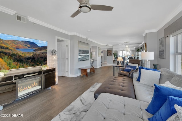 living room with visible vents, ornamental molding, ceiling fan with notable chandelier, wood finished floors, and a glass covered fireplace