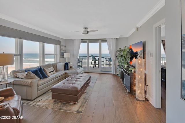 living area featuring a ceiling fan, wood finished floors, ornamental molding, a water view, and a glass covered fireplace